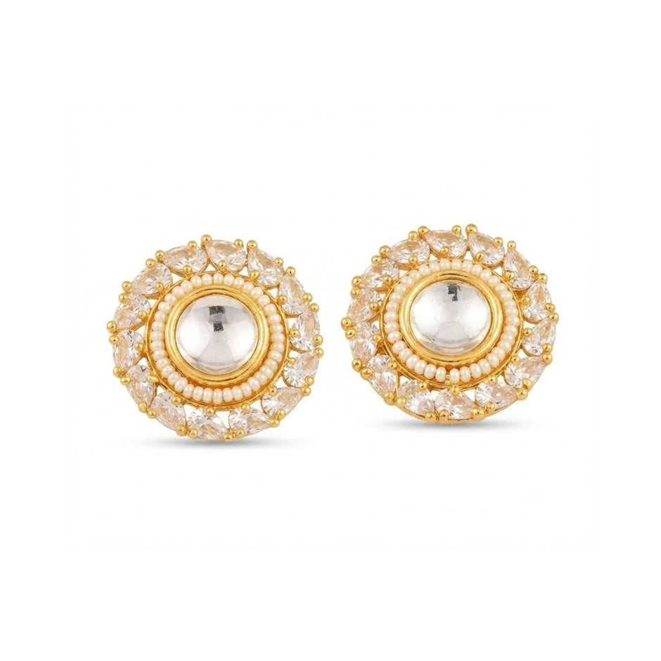 Bhavmayi Gold Plated Round Polki Kundan Stud Earrings with Pearl Halo and Pear Cut Emerald Green Gemstone Wreath - bhavmayi