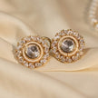 Bhavmayi Gold Plated Round Polki Kundan Stud Earrings with Pearl Halo and Pear Cut Emerald Green Gemstone Wreath - bhavmayi