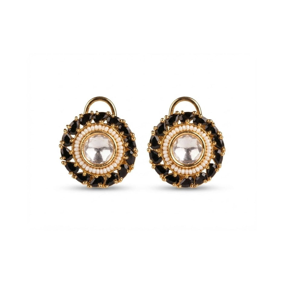 Bhavmayi Gold Plated Round Polki Kundan Stud Earrings with Pearl Halo and Pear Cut Emerald Green Gemstone Wreath - bhavmayi