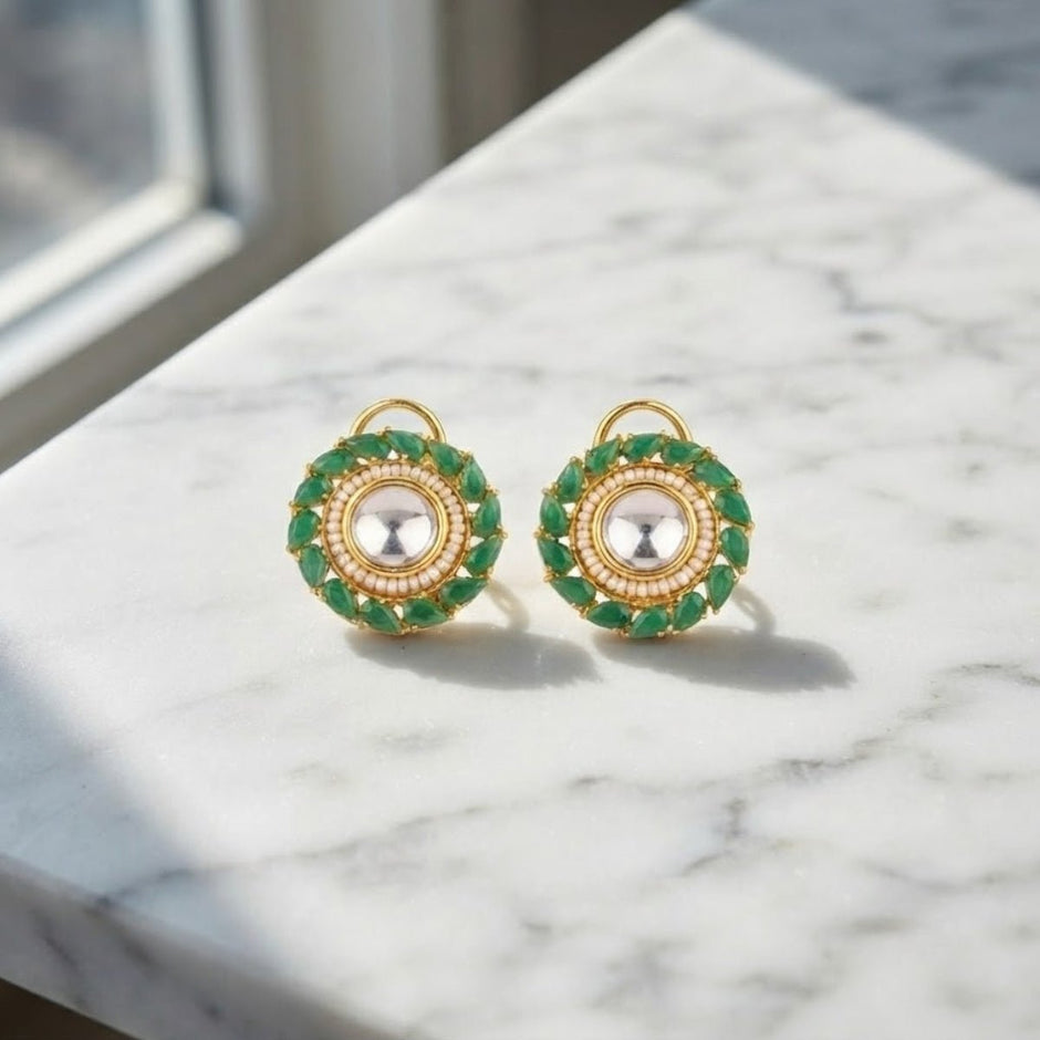 Bhavmayi Gold Plated Round Polki Kundan Stud Earrings with Pearl Halo and Pear Cut Emerald Green Gemstone Wreath - bhavmayi