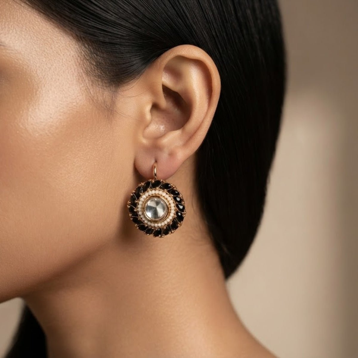 Bhavmayi Gold Plated Round Polki Kundan Stud Earrings with Pearl Halo and Pear Cut Emerald Green Gemstone Wreath - bhavmayi