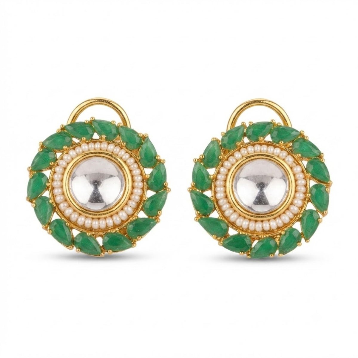 Bhavmayi Gold Plated Round Polki Kundan Stud Earrings with Pearl Halo and Pear Cut Emerald Green Gemstone Wreath - bhavmayi