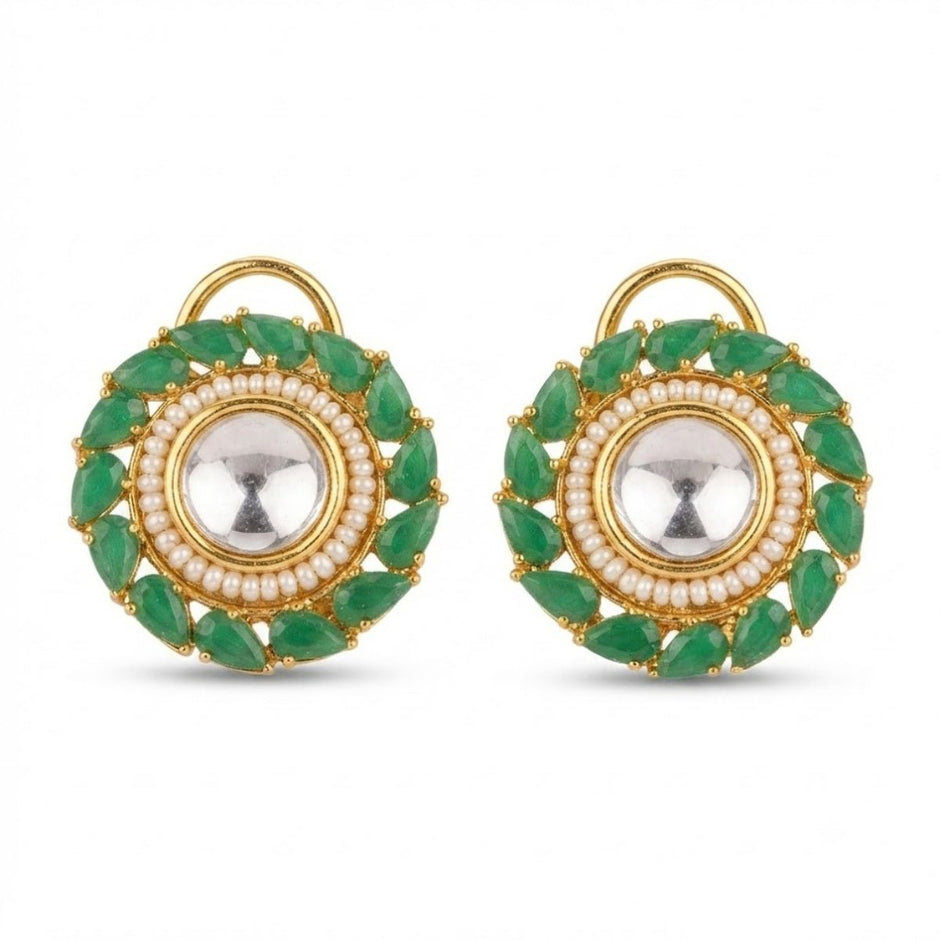 Bhavmayi Gold Plated Round Polki Kundan Stud Earrings with Pearl Halo and Pear Cut Emerald Green Gemstone Wreath - bhavmayi