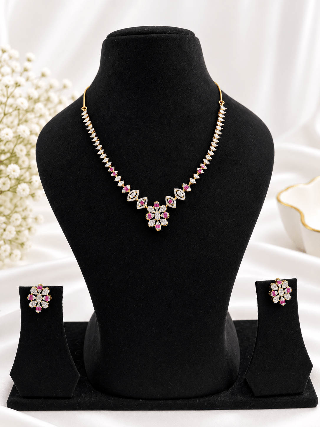 Bhavmayi Gold-Plated Ruby & Crystal Necklace and Earrings Set - bhavmayi