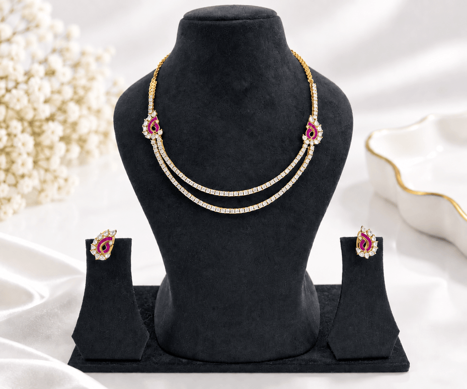 Bhavmayi Gold-Plated Ruby & Crystal Necklace and Earrings Set - bhavmayi