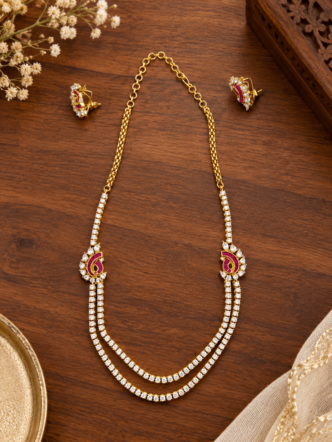 Bhavmayi Gold-Plated Ruby & Crystal Necklace and Earrings Set - bhavmayi