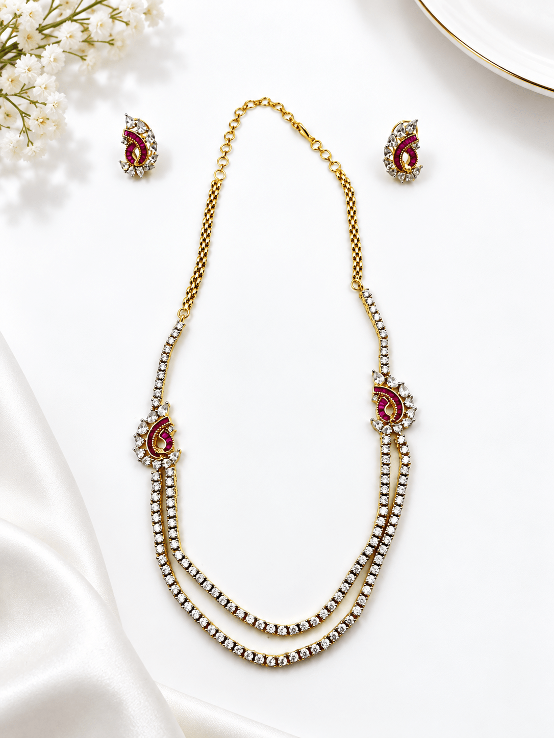 Bhavmayi Gold-Plated Ruby & Crystal Necklace and Earrings Set - bhavmayi