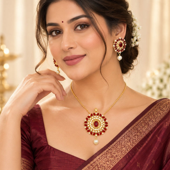 Bhavmayi Gold-Plated Ruby Pearl Necklace & Earrings Set - bhavmayi