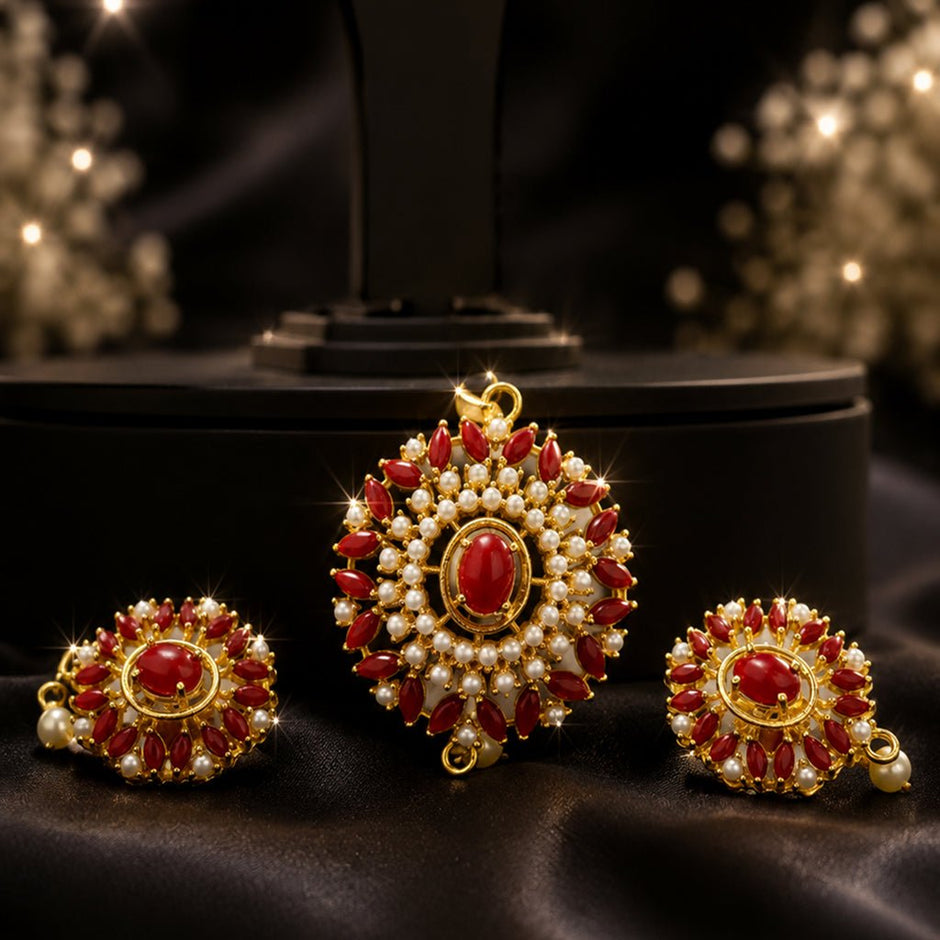 Bhavmayi Gold-Plated Ruby Pearl Necklace & Earrings Set - bhavmayi