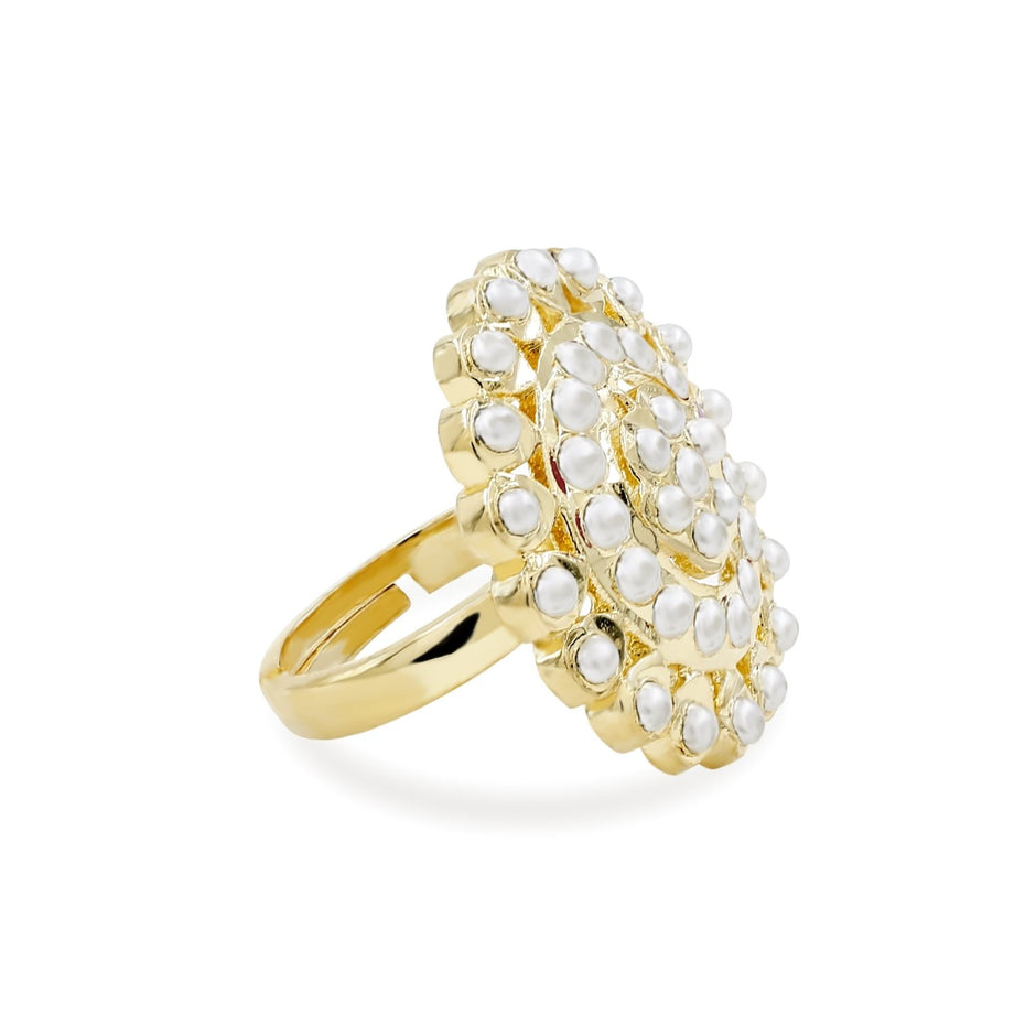 Bhavmayi Gold Plated Traditional Circullar Pearl & Emerald Green Gemstone Statement Jadau Ring - bhavmayi