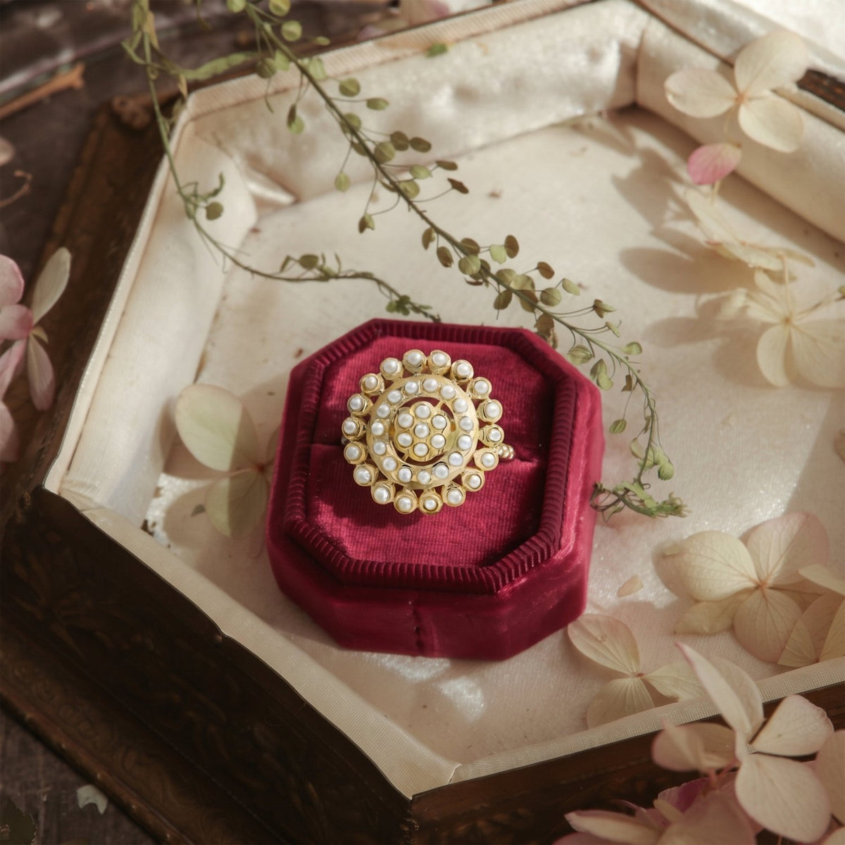Bhavmayi Gold Plated Traditional Circullar Pearl & Emerald Green Gemstone Statement Jadau Ring - bhavmayi