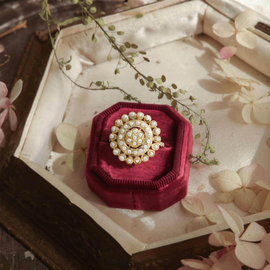 Bhavmayi Gold Plated Traditional Circullar Pearl & Emerald Green Gemstone Statement Jadau Ring - bhavmayi