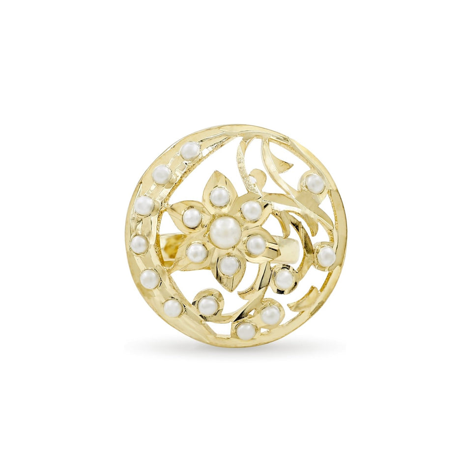 Bhavmayi Gold Plated Traditional Circullar Pearl & Rubi Pink Gemstone Statement Jadau Ring - bhavmayi