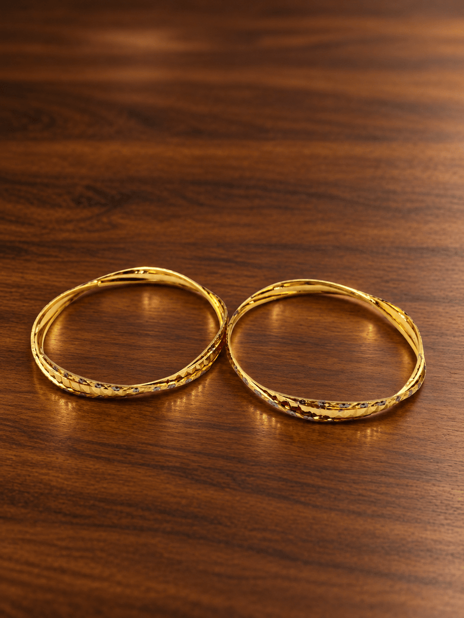 Bhavmayi gold-tone bangle pair with slim circular bands and faceted geometric textured detailing - bhavmayi