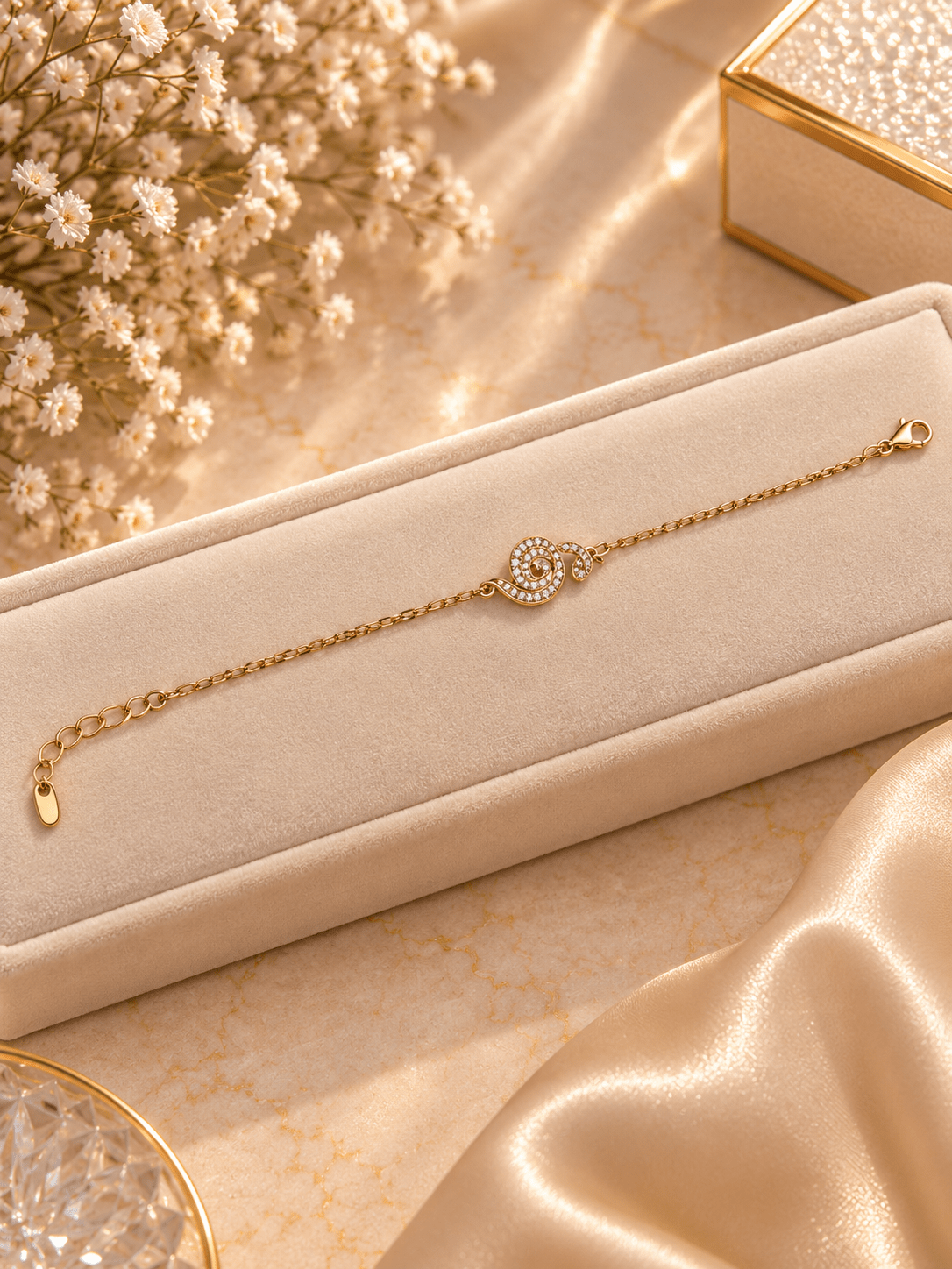 Bhavmayi gold-tone bracelet with a spiral motif covered in clear reflective accents and a delicate chain - bhavmayi