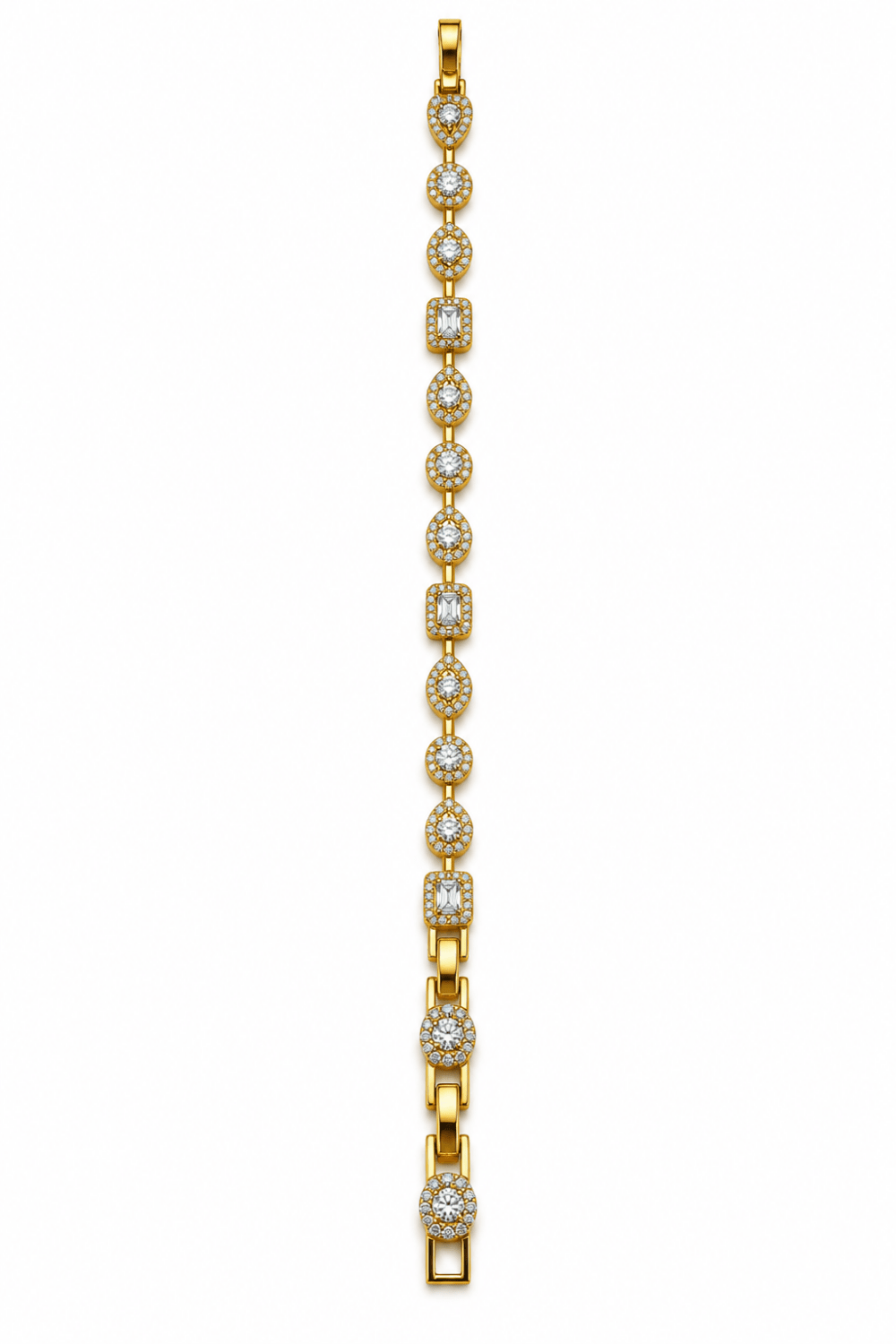 Golden bracelet with alternating oval and square clear sparkling accents and geometric link detailing