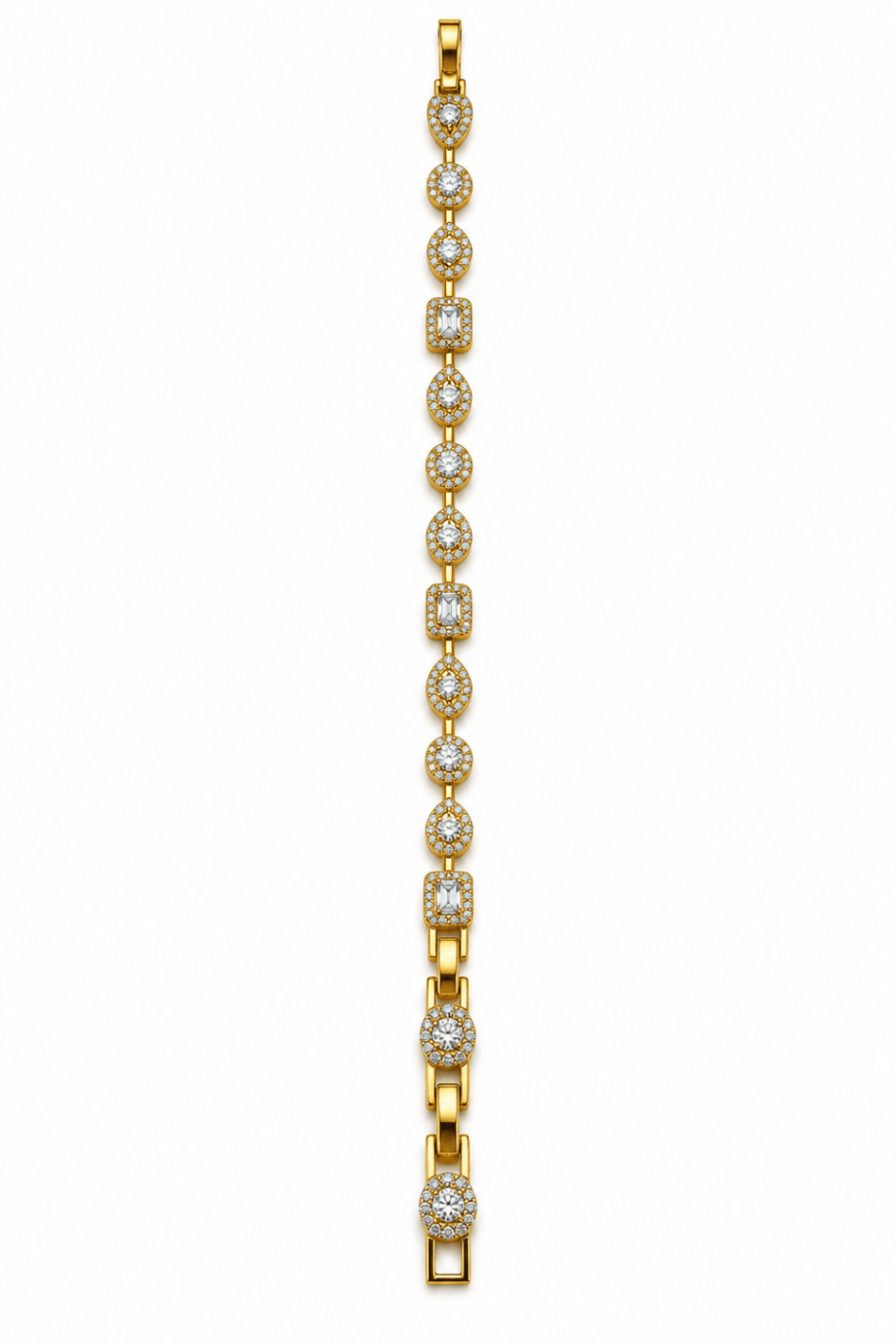 Golden bracelet with alternating oval and square clear sparkling accents and geometric link detailing