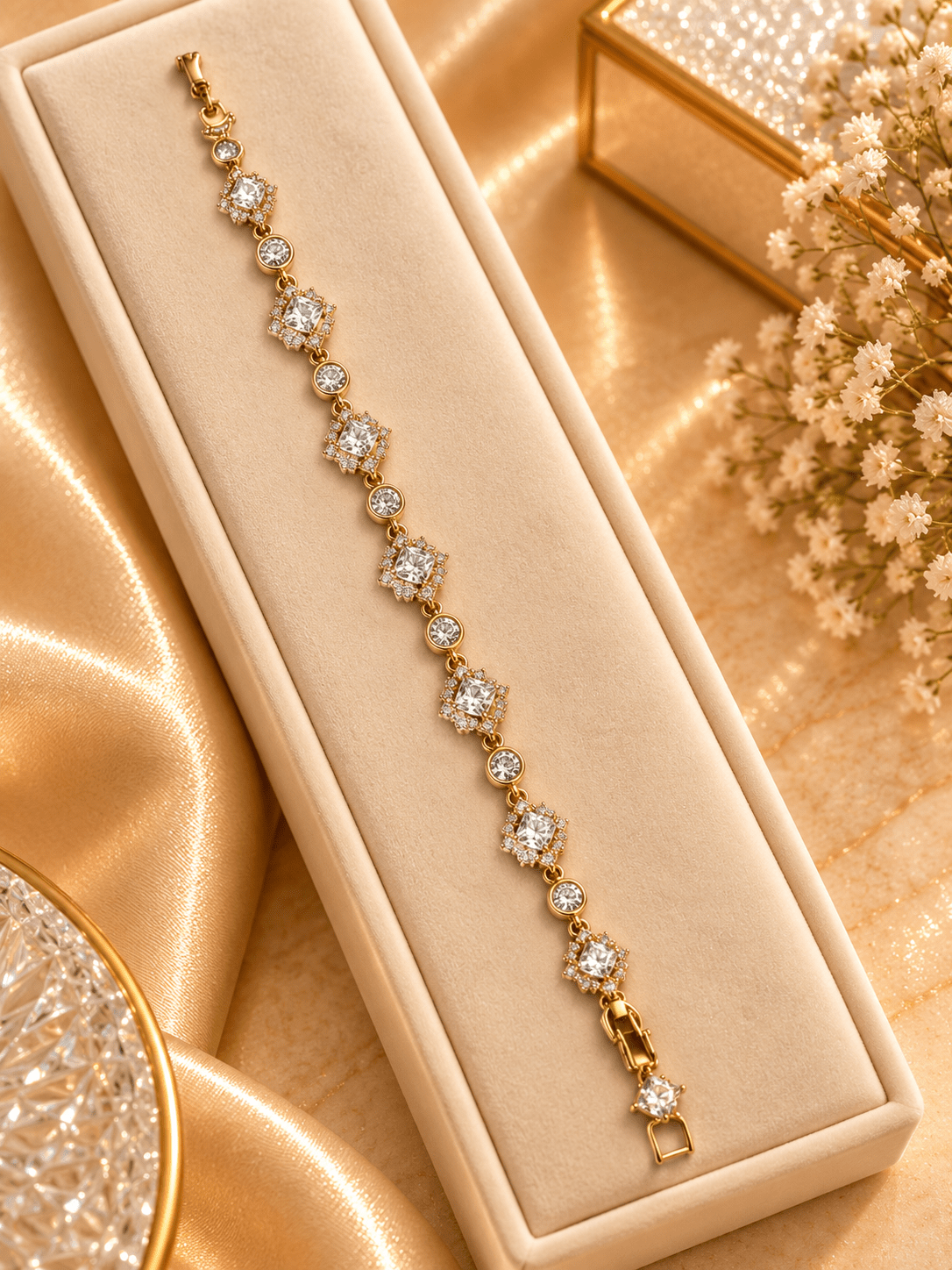 Golden link bracelet with alternating square and round clear sparkling accents in a delicate geometric design