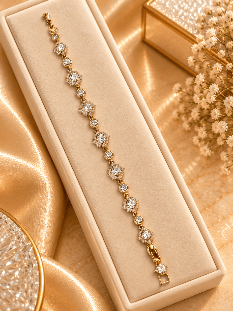 Golden link bracelet with alternating square and round clear sparkling accents in a delicate geometric design