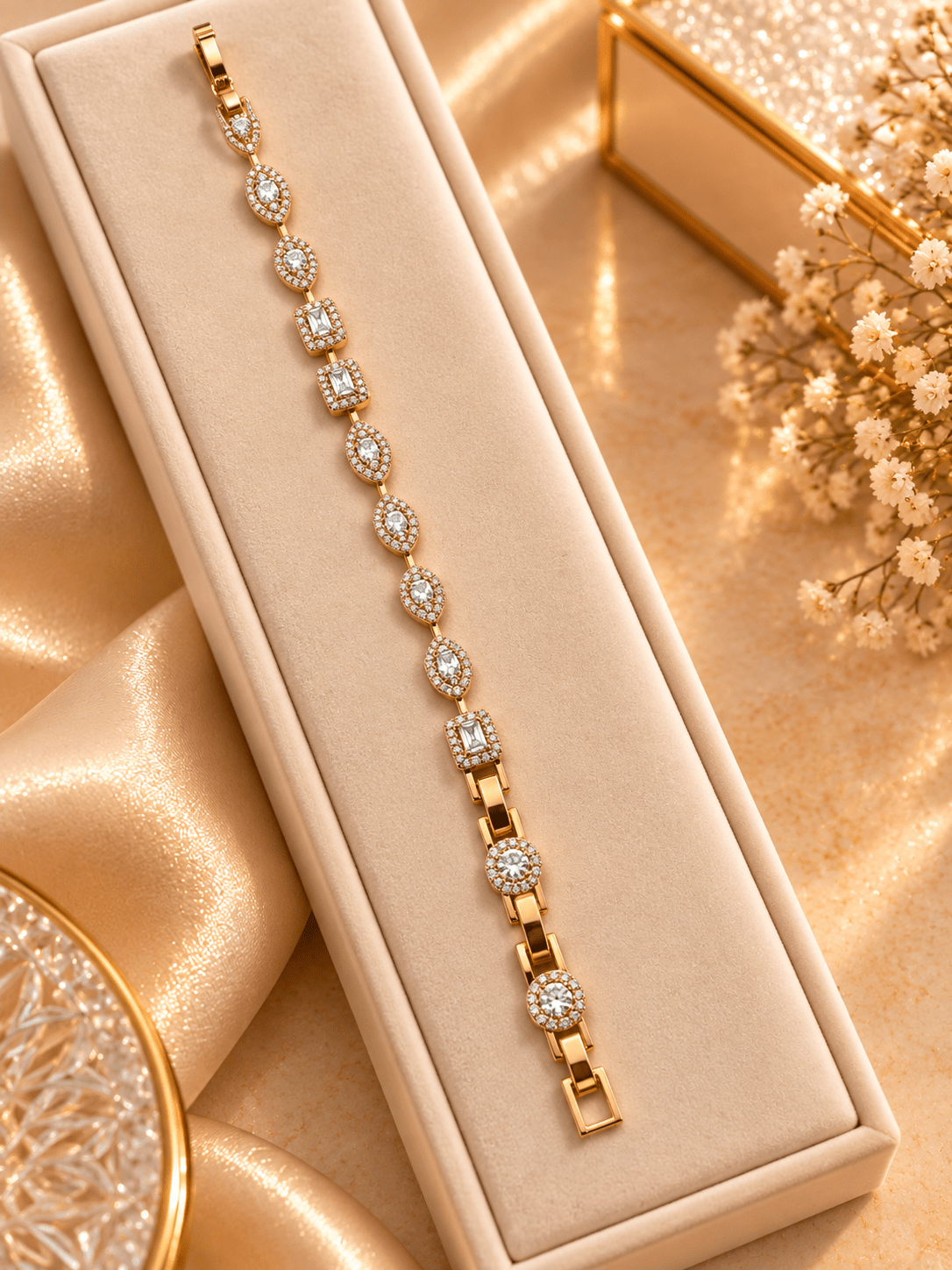 Golden bracelet with alternating oval and square clear sparkling accents and geometric link detailing