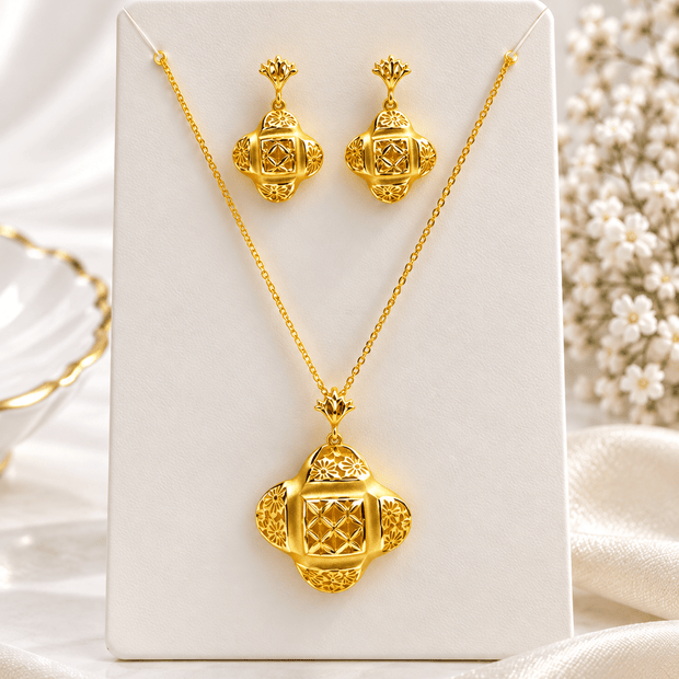 Bhavmayi Gold-Tone Floral Geometric Necklace & Earring Set - bhavmayi