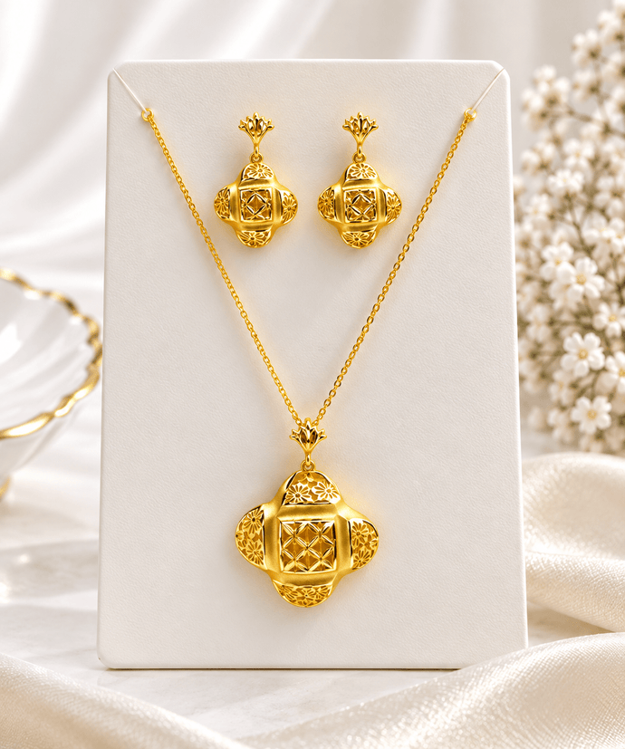Bhavmayi Gold-Tone Floral Geometric Necklace & Earring Set - bhavmayi