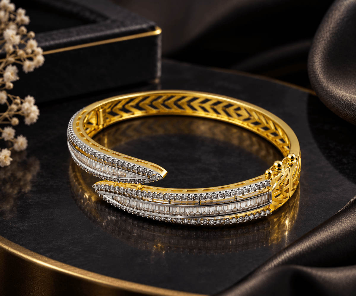 Bhavmayi Gold-Tone Geometric CZ Layered Designer Bangle - bhavmayi
