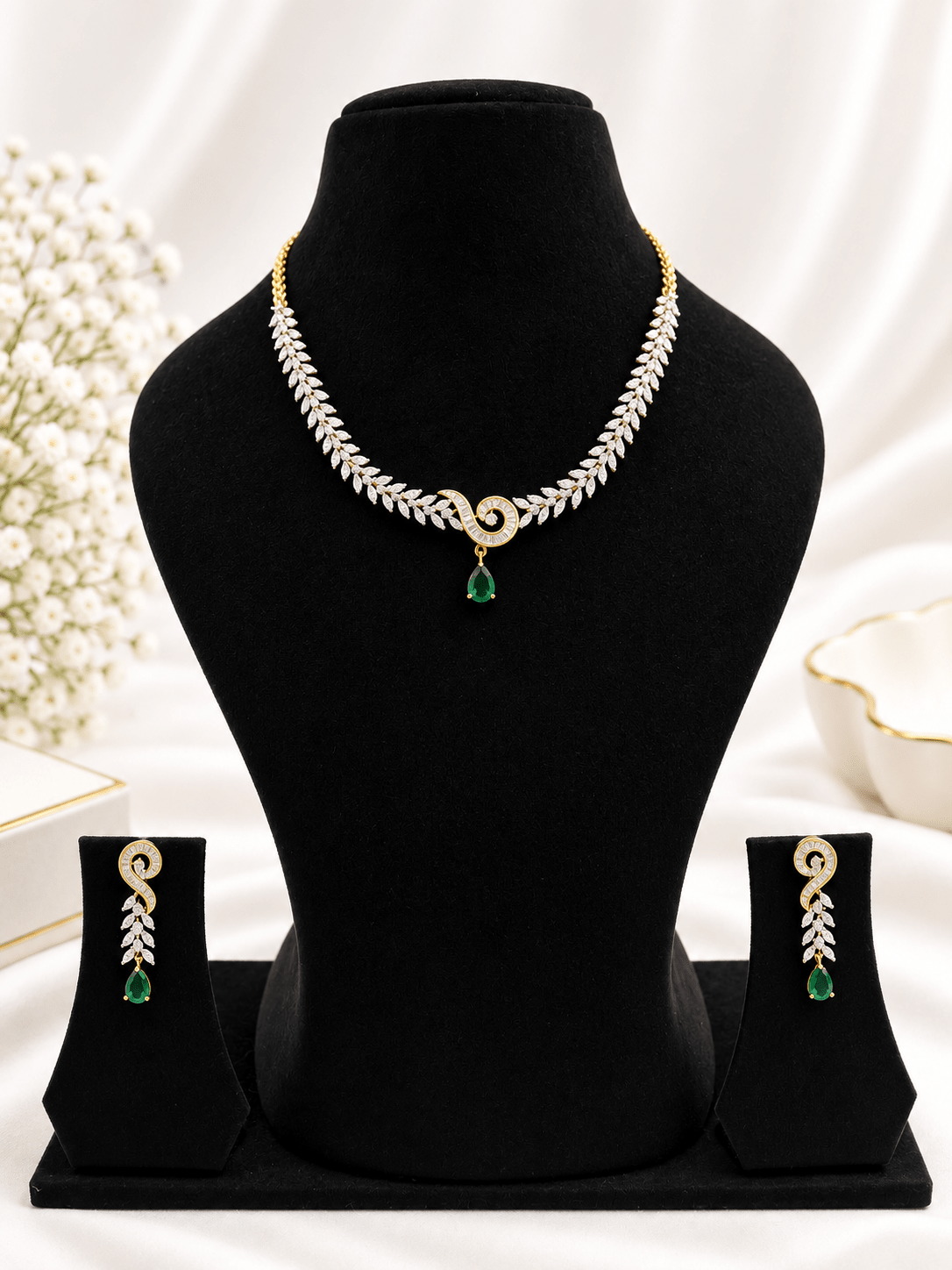 Bhavmayi Gold-Tone Green Emerald Crystal Necklace & Earrings Set - bhavmayi