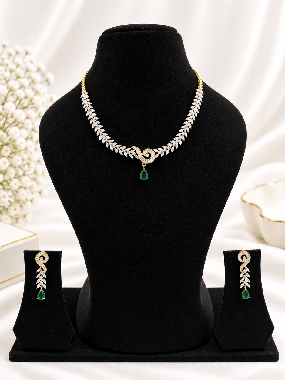 Bhavmayi Gold-Tone Green Emerald Crystal Necklace & Earrings Set - bhavmayi