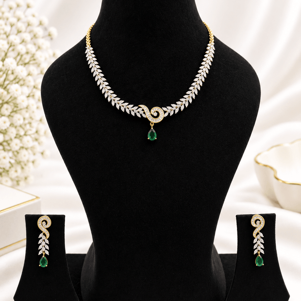 Bhavmayi Gold-Tone Green Emerald Crystal Necklace & Earrings Set - bhavmayi