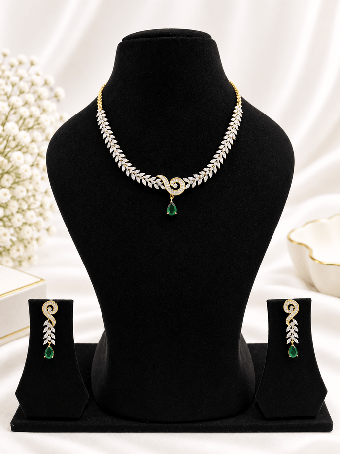 Bhavmayi Gold-Tone Green Emerald Crystal Necklace & Earrings Set - bhavmayi