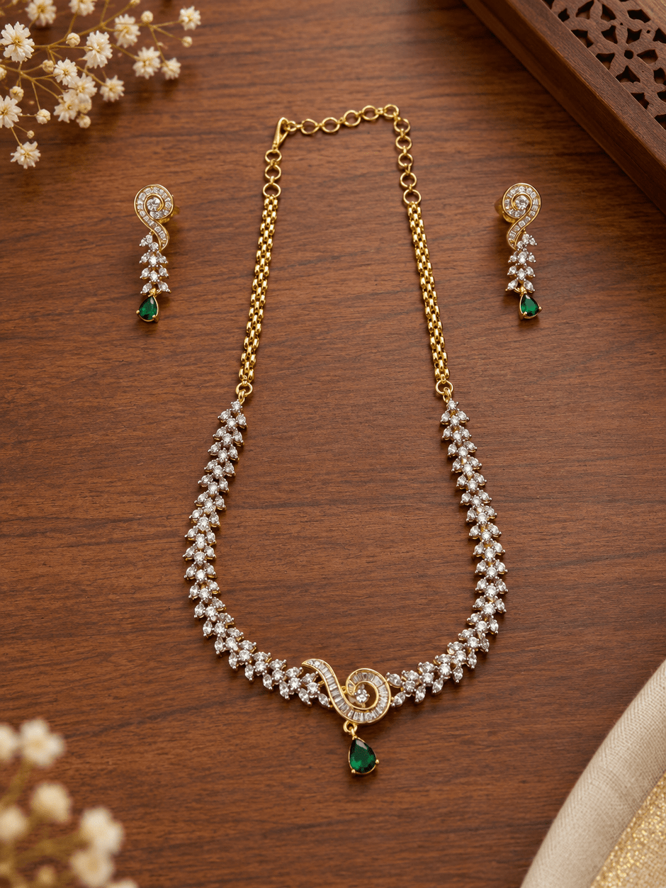 Bhavmayi Gold-Tone Green Emerald Crystal Necklace & Earrings Set - bhavmayi