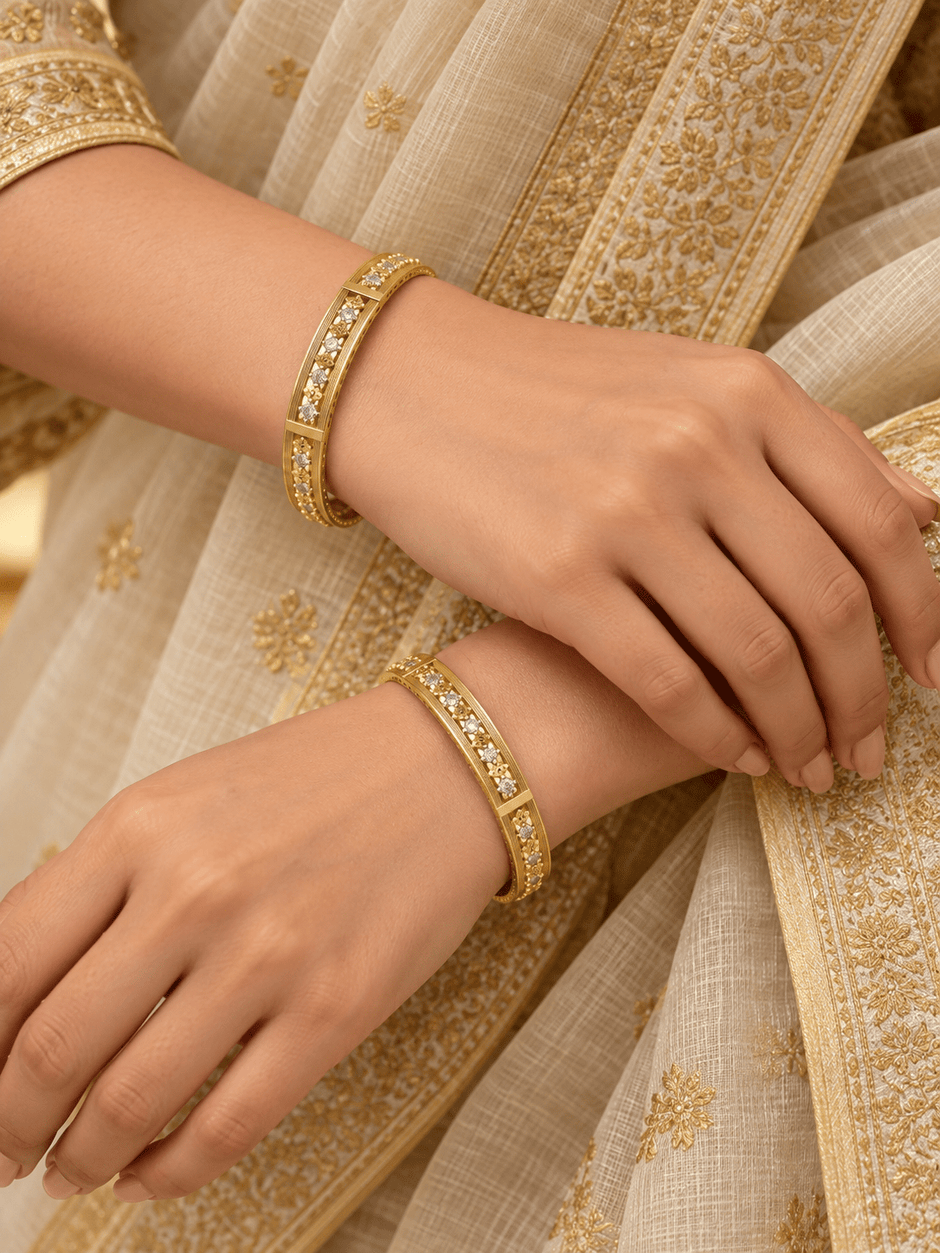 Bhavmayi gold-tone kada bangle set with repeating clear accents and intricate decorative detailing - bhavmayi