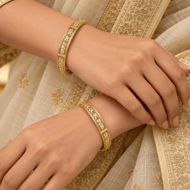 Bhavmayi gold-tone kada bangle set with repeating clear accents and intricate decorative detailing - bhavmayi