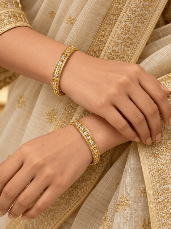 Bhavmayi gold-tone kada bangle set with repeating clear accents and intricate decorative detailing - bhavmayi