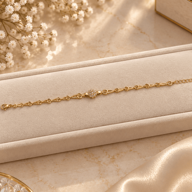Bhavmayi gold-tone link bracelet with textured rounded centre bead, detailed chain links and extension chain - bhavmayi