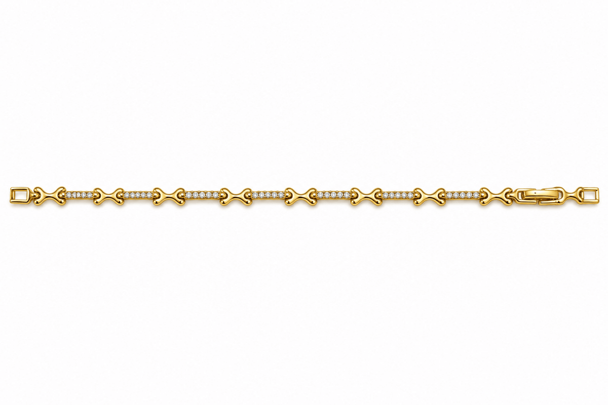 Bhavmayi gold-tone linked bracelet featuring curved decorative links and a central row of clear stone-like accents - bhavmayi