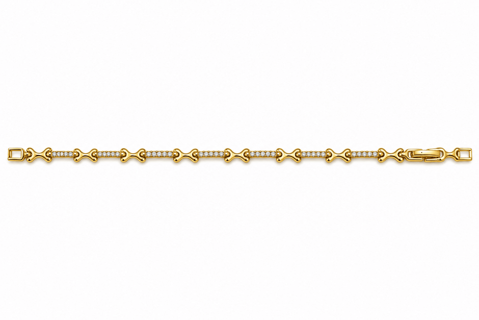 Bhavmayi gold-tone linked bracelet featuring curved decorative links and a central row of clear stone-like accents - bhavmayi