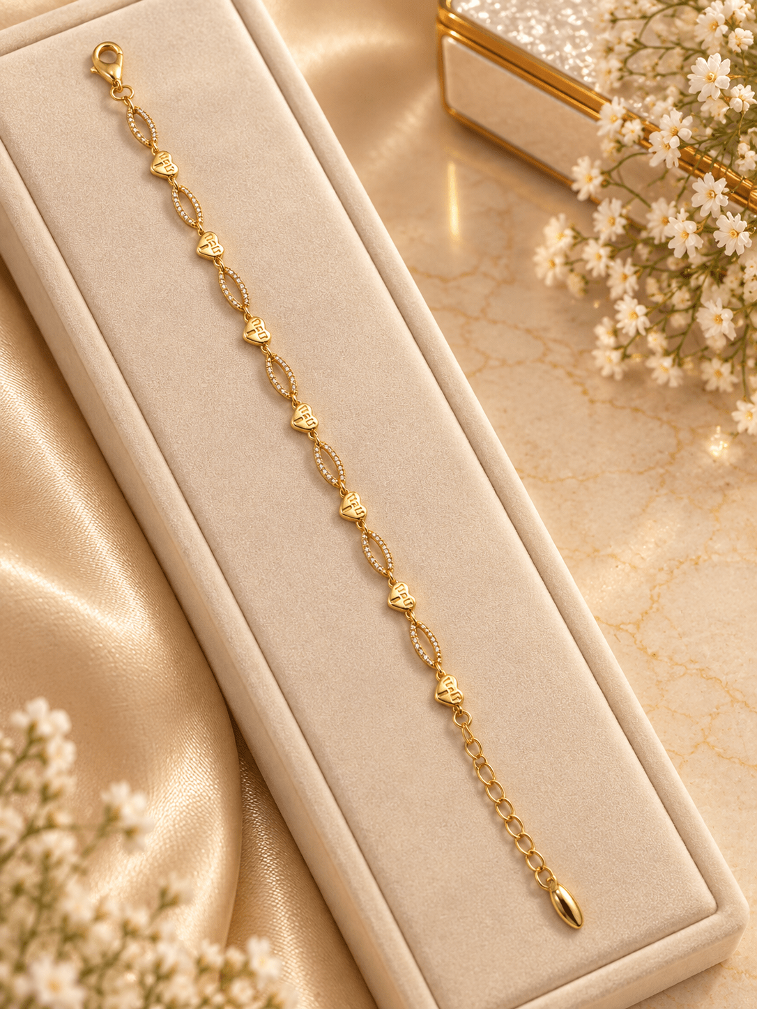 Bhavmayi gold-tone marquise link bracelet with clear reflective accents and geometric connector details - bhavmayi