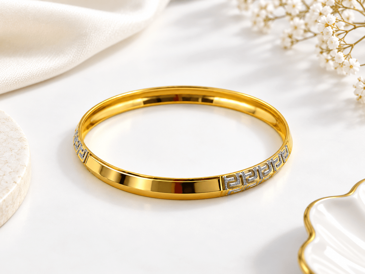 Bhavmayi gold-tone men's kada with silver-tone geometric detailing - bhavmayi