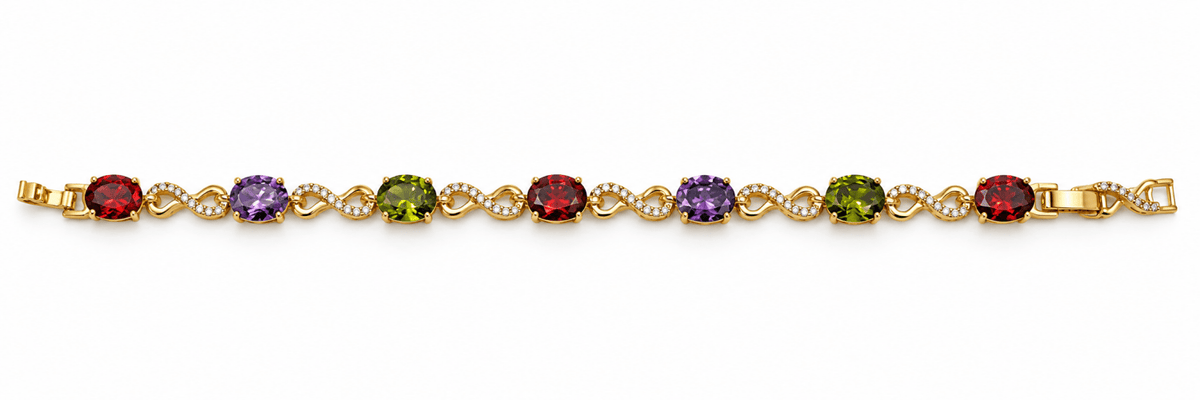 Golden-toned multicolor bracelet with red purple and green oval accents and clear decorative link details