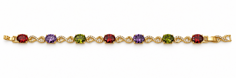 Golden-toned multicolor bracelet with red purple and green oval accents and clear decorative link details