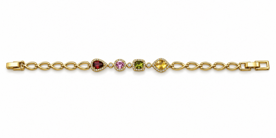 Golden oval link bracelet with deep red pink and amber-brown coloured accents and clear decorative borders
