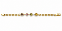 Golden oval link bracelet with deep red pink and amber-brown coloured accents and clear decorative borders