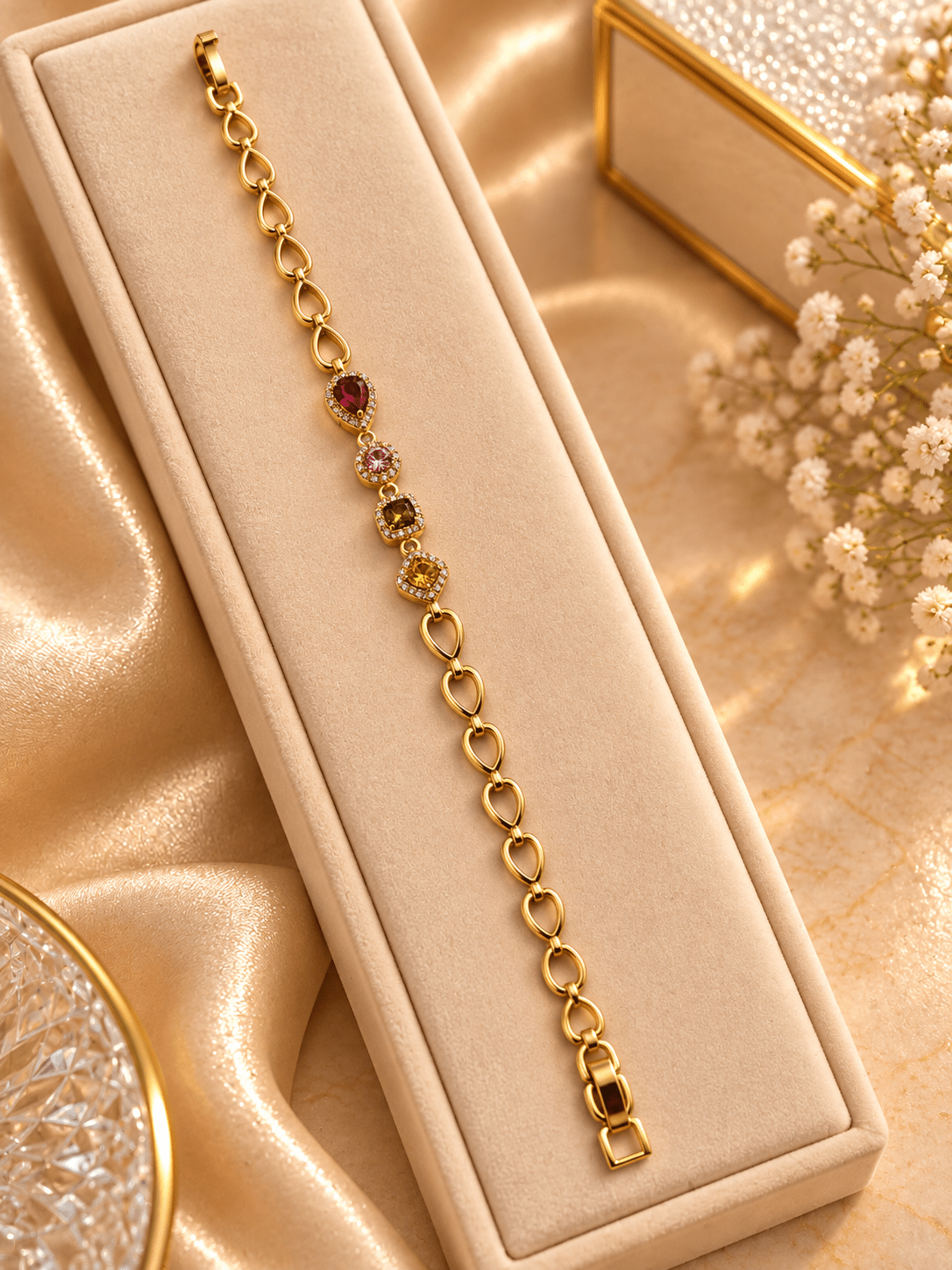Golden oval link bracelet with deep red pink and amber-brown coloured accents and clear decorative borders