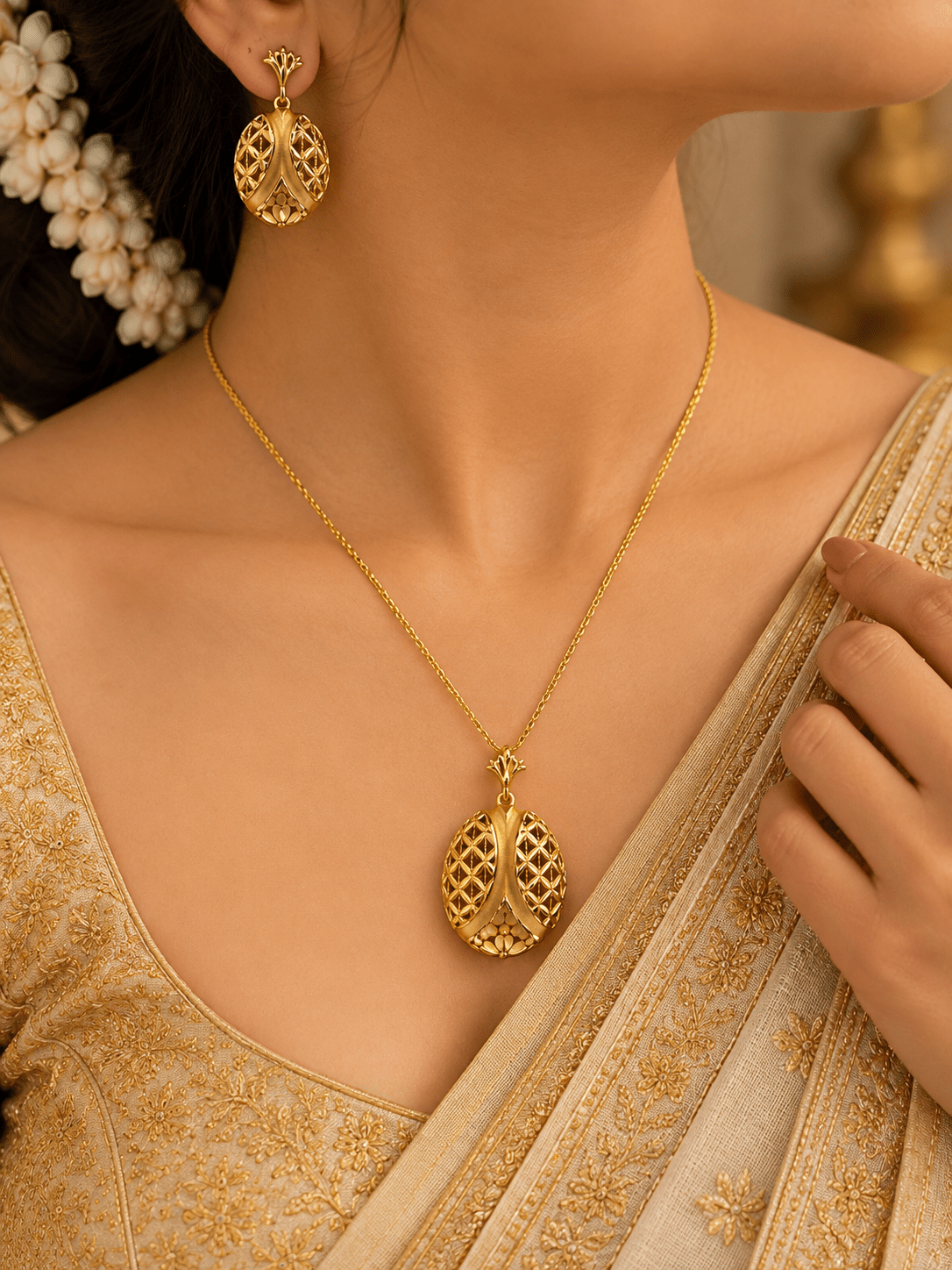 Bhavmayi gold-tone necklace and matching earrings featuring elongated leaf motifs with intricate open lattice detailing - bhavmayi