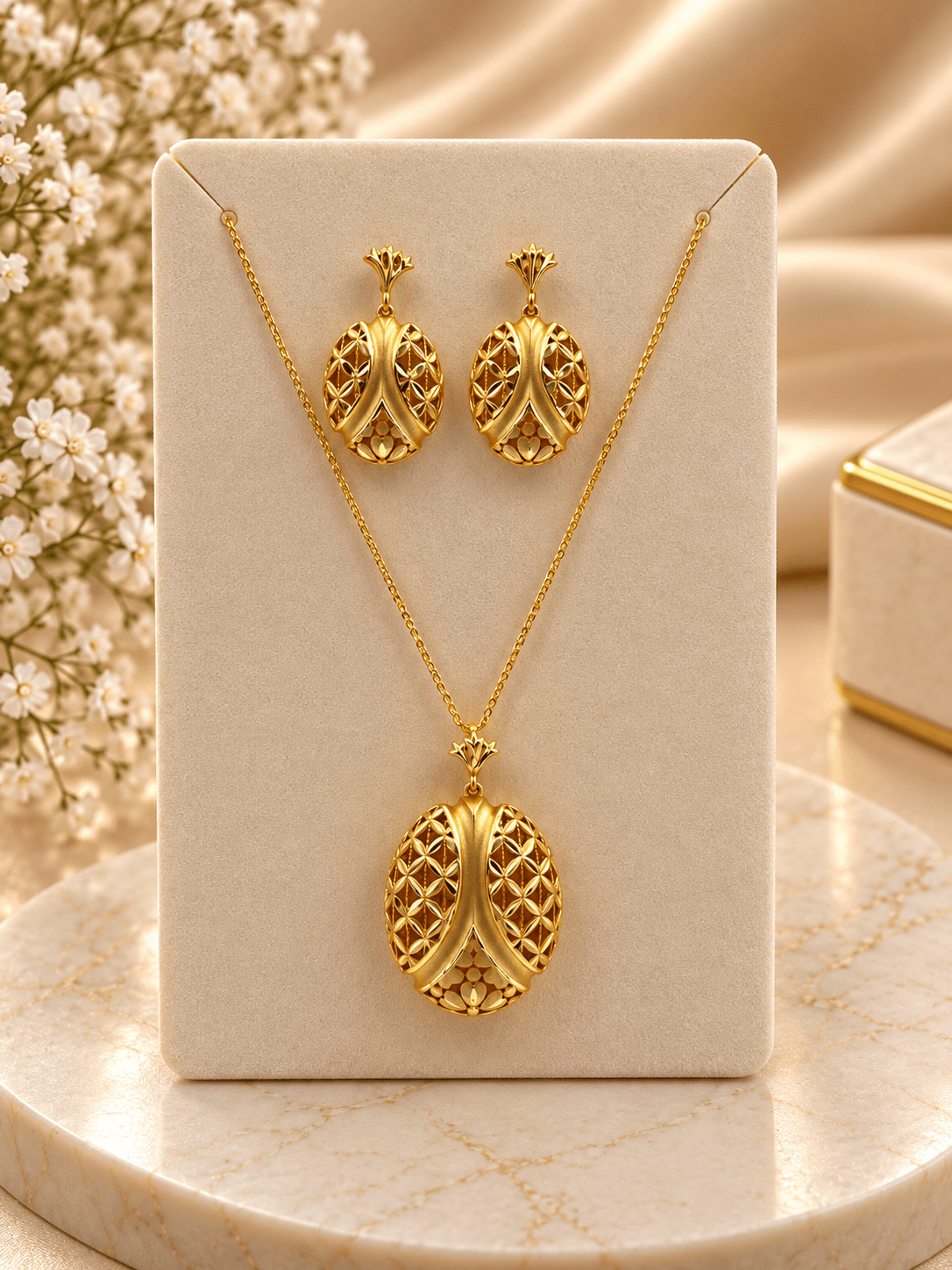 Bhavmayi gold-tone necklace and matching earrings featuring elongated leaf motifs with intricate open lattice detailing - bhavmayi