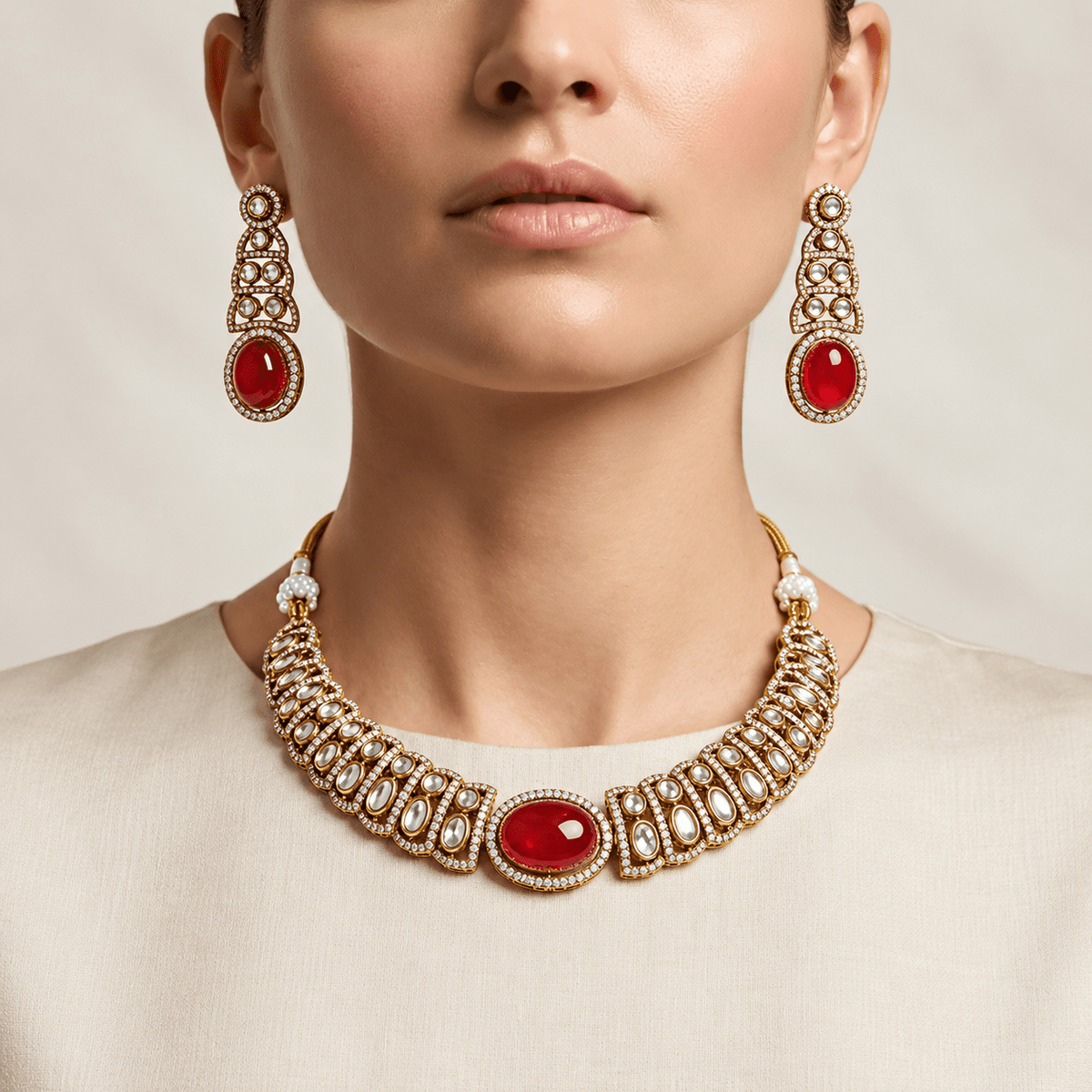 Bhavmayi gold-tone necklace set with green oval stones, white decorative accents and matching drop earrings - bhavmayi