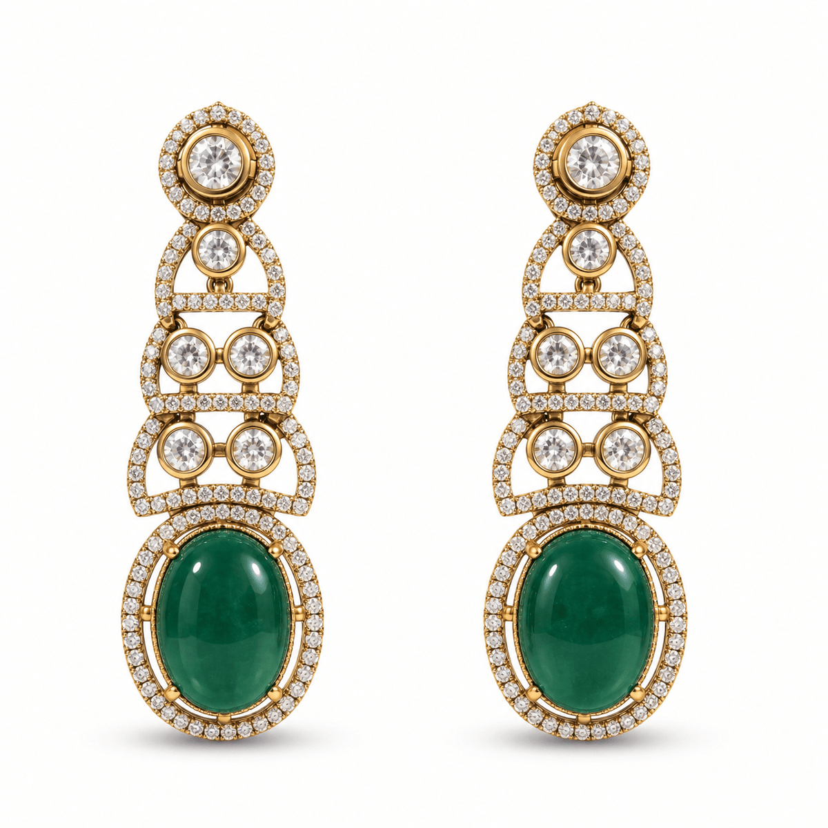 Bhavmayi gold-tone necklace set with green oval stones, white decorative accents and matching drop earrings - bhavmayi