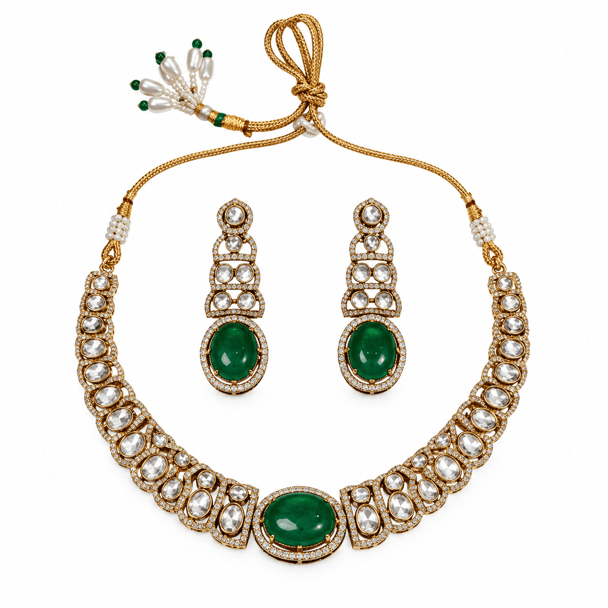 Bhavmayi gold-tone necklace set with green oval stones, white decorative accents and matching drop earrings - bhavmayi